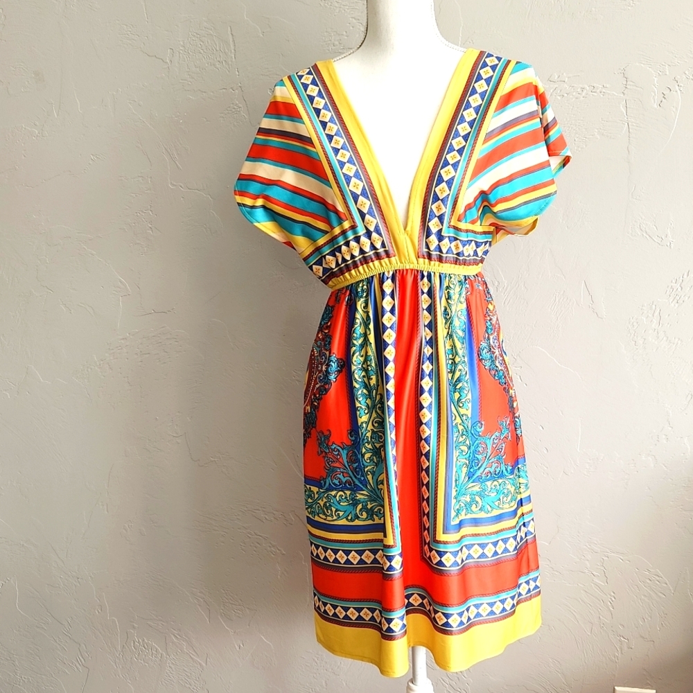 🍅Flying Tomato deep V mini dress Multi vibrant design S
